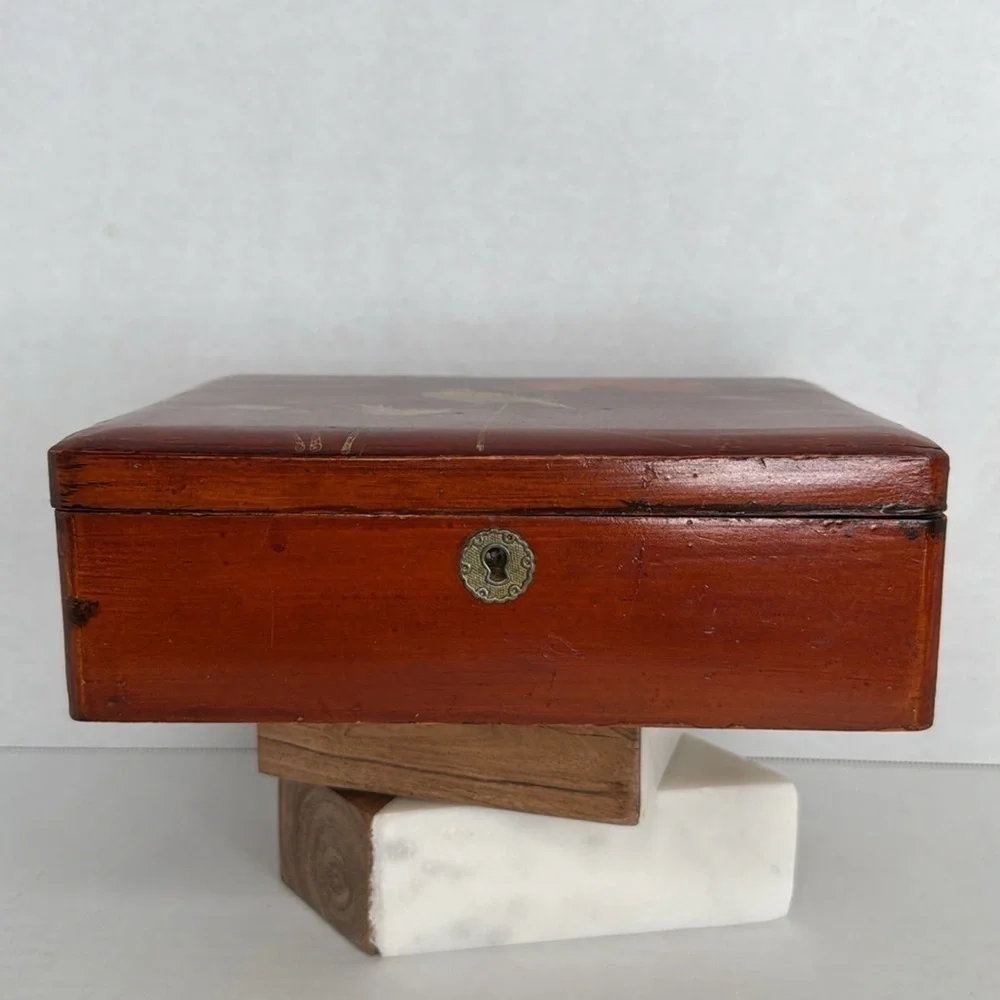 Antique Japanese Hand-Painted Cinnabar-Red Lacquered Box No Key